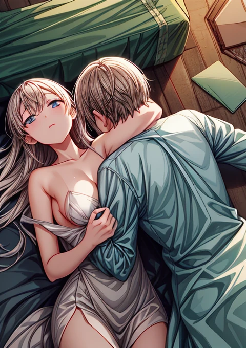Highly detailed, High Quality, Masterpiece, beautiful,masterpiece,best quality, illustration, a woman is lying on a men's chest with his arms wrapped around her, 1girl, 1boy, hetero, breasts, breast grab, grabbing, middle breast, eila ilmatar juutilainen