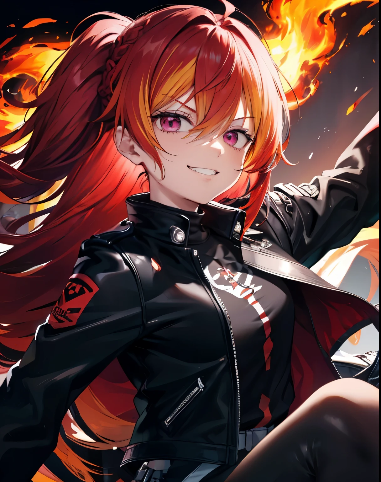 (best quallity, ultrahigh resolution, splendid), 1 woman, red hair tied in 1 braid, side bangs, black pants, simple shirt, beautiful and detailed, fire yellow ultra detailde eyes, black biker jacket, evil grin expresion, fire background.