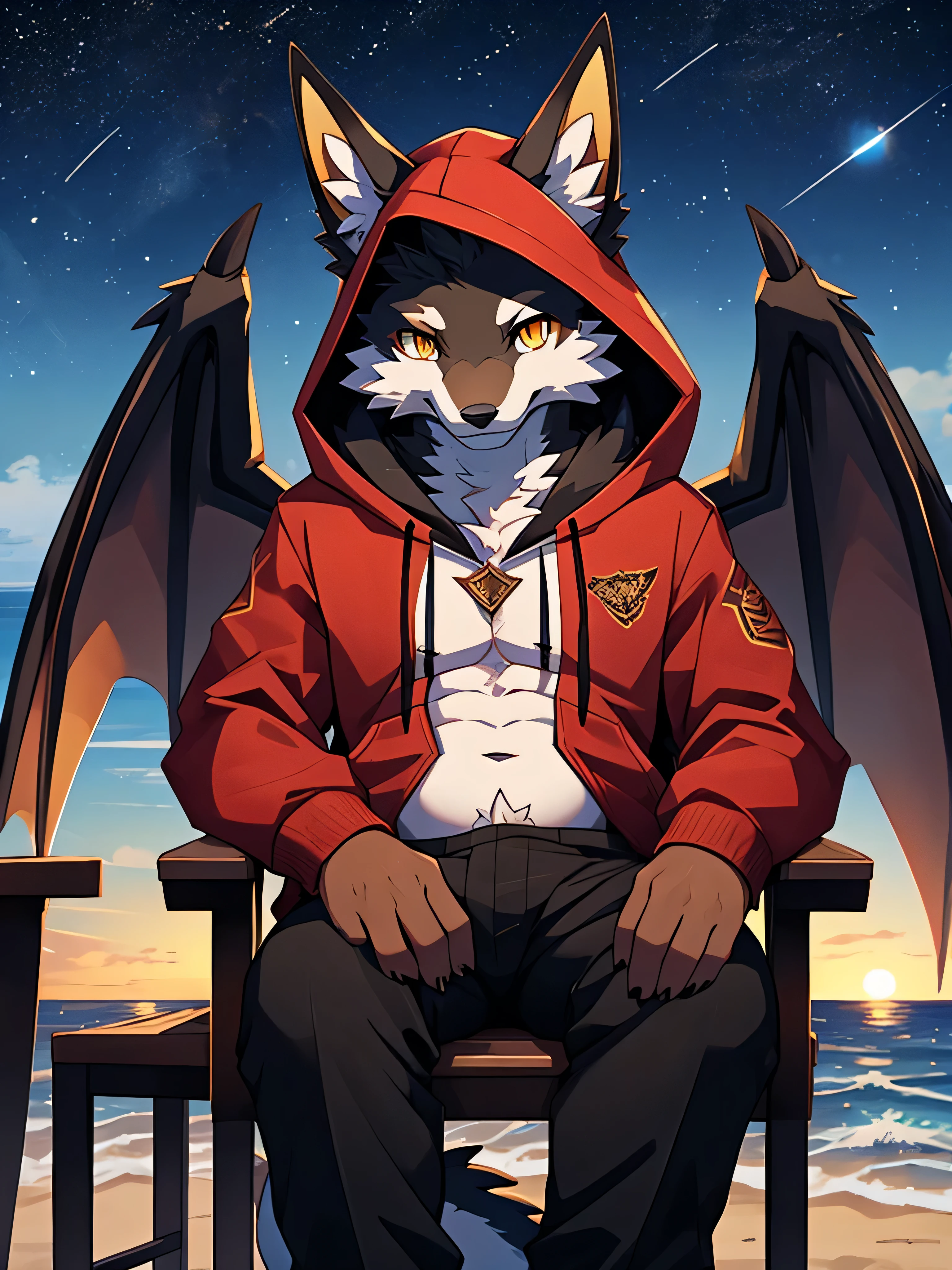 (ByZEphyrus)furry.bara,fox,Black feathers,golden eyes,Star-shaped pupil 1.5,Dragon Tail 1.0,Wear a red hoodie,Wear black trousers..,sitting on a chair by the sea,at night,Looking up at the colored belly,There are stars in the sky..