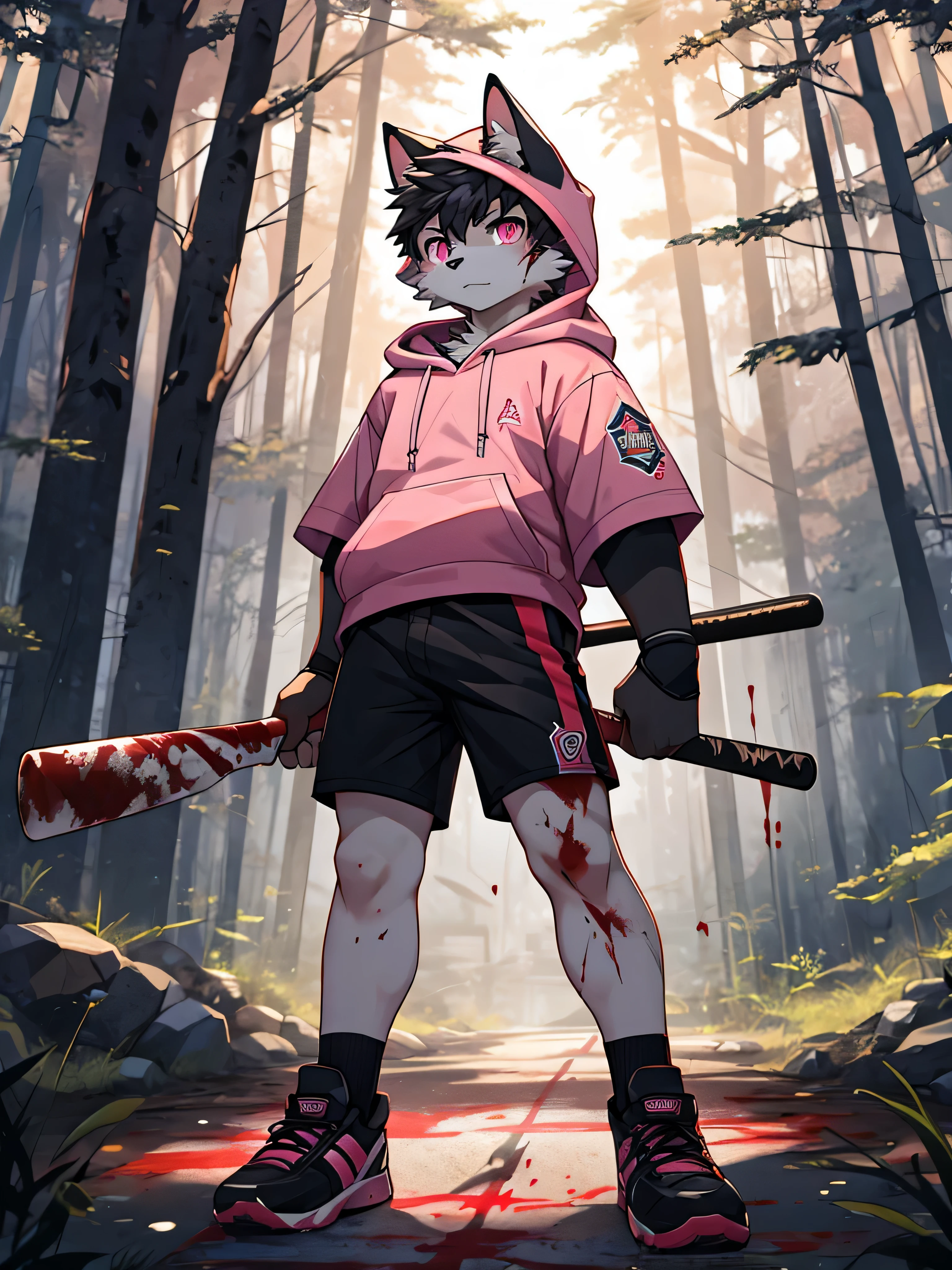 (ByZEphyrus)furry,bara,Shota,white fur cat,pink eyes,Wearing a pink hoodie..,black shorts,wear fashion shoes,holding a baseball bat in hand,There were many blood stains all over the baseball bat..,Behind is a dense forest..