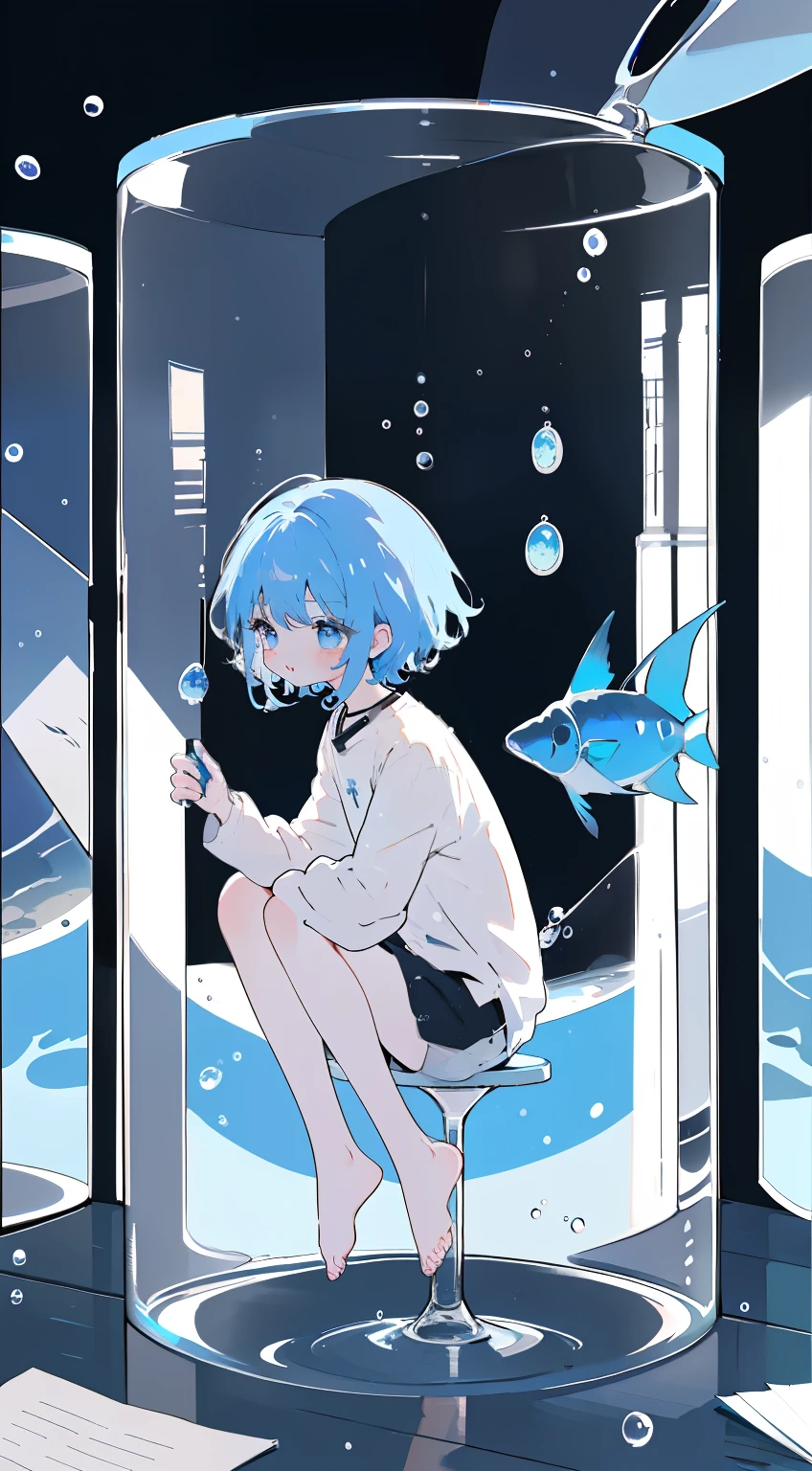 jars, a Libido boy, solo, ((The upper part of the body)), Libido boy, Alone, malefocus, looking at viewert, The upper part of the body, depth of fields, 清晰的线条, , Himmel_Soso_The No_Frilen, Blue hair, eBlue eyes, in jars, cute big breasts、smallest, small, A piece of, longer sleeves, sitted, The barefoot, Indoors, bare-legged, desks, knees, desk work, (The fish, airbubble, Under water, airbubble),