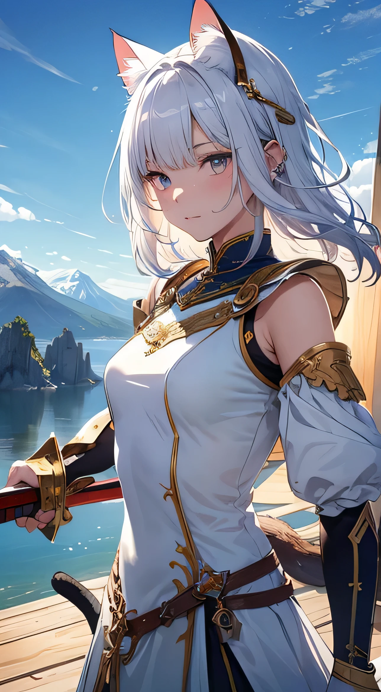 beautiful detail한 소녀, Clear and beautiful, radiant skin, girls, femele, young, 20yo, bobbed hair, short-hair, beautiful detail glass hair, ((Wielding a big sword, Combat posture)) ((Greek costume in gorgeous white tones)) beautiful detail, , beautiful-detailed eyes, medium 가슴, Full-fledged skin texture, Very good 8KCG wallpapers, very fine 8K CG wallpaper, watercolor (medium), female warrior, (((cat ear))), Wielding a sword, Attacking stance, (((Natural background, mountains, wood))), ((plein air)), upper body cut, Costume colors are colorful and saturated..,