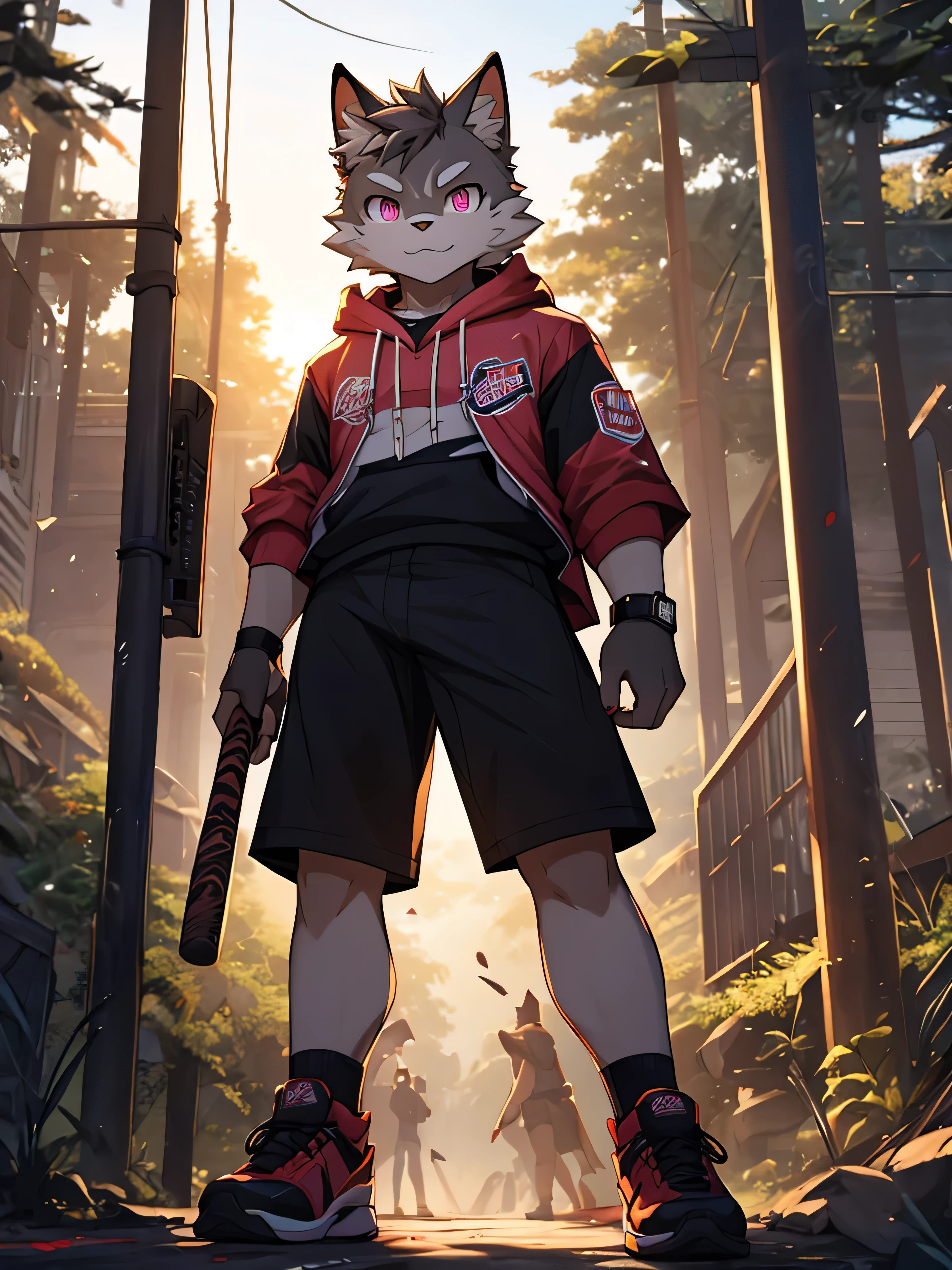 (ByZEphyrus)furry,bara,Shota(),white fur cat,pink eyes,Wearing a pink hoodie..,black shorts,wear fashion shoes,Holding a baseball bat in the right hand 1.0,There were many blood stains all over baseball bat 1...3,Behind is a dense forest..,straight-looking at viewer,Backlit image,maximum detail,HDR,10