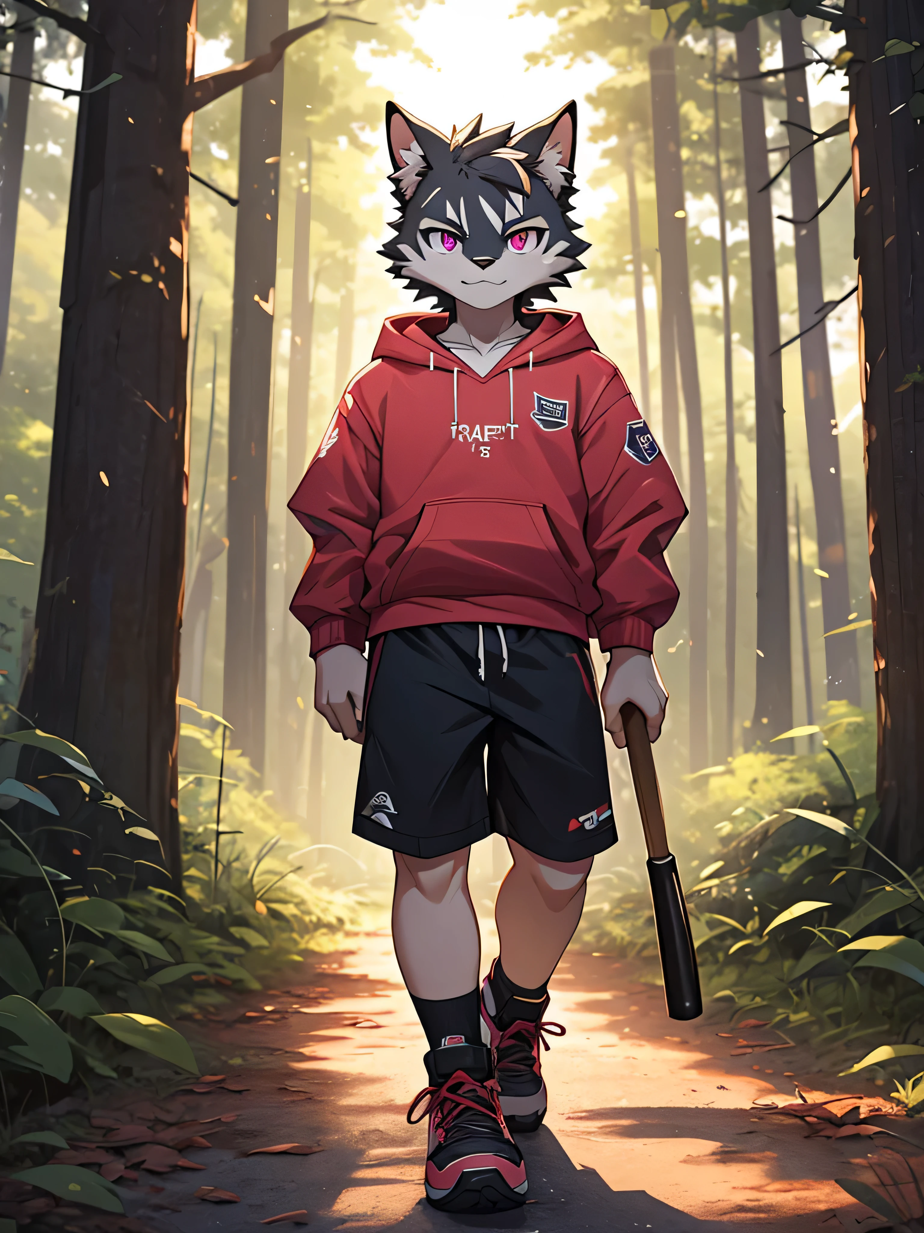 (ByZEphyrus)furry,bara,Shota(),white fur cat,pink eyes,Wearing a pink hoodie..,black shorts,wear fashion shoes,Holding a baseball bat in the right hand 1.0,There were many blood stains all over baseball bat 1...3,Behind is a dense forest..,straight-looking at viewer,Backlit image,maximum detail,HDR,10