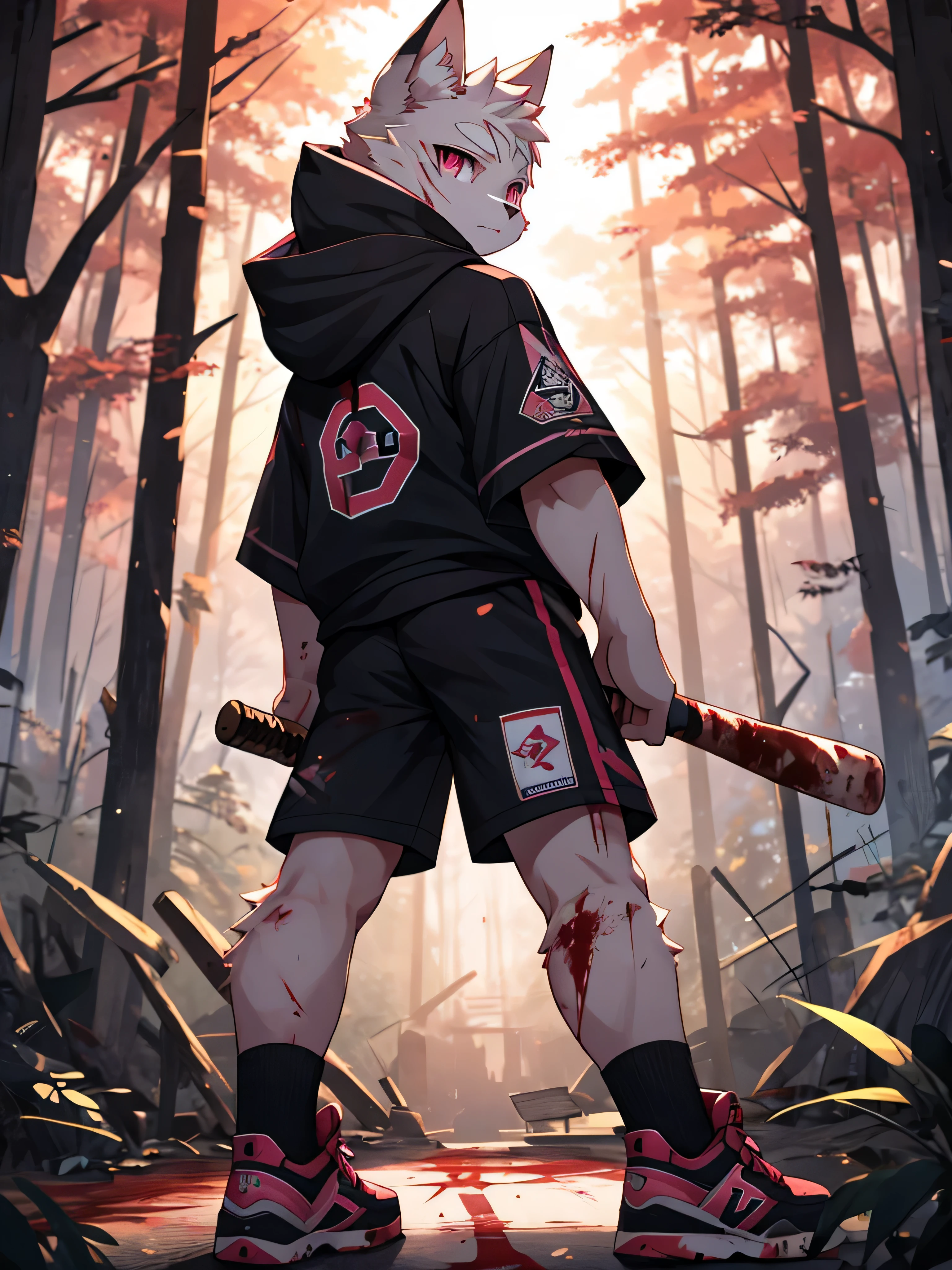 (ByZEphyrus)furry,bara,Shota,white fur cat,pink eyes,Wearing a pink hoodie..,black shorts,wear fashion shoes,holding a baseball bat in the right hand.,(There were many blood stains all over the baseball bat..),Behind is a dense forest..,maximum detail,Backlit image,10