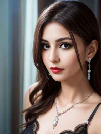 Lebanese lady, diamond dangling earrings, necklace, bracelets, small breasts, 40 years old, smokey eyes, cleavages, lace lingerie, cyan nightgown, red lips, innocent face,