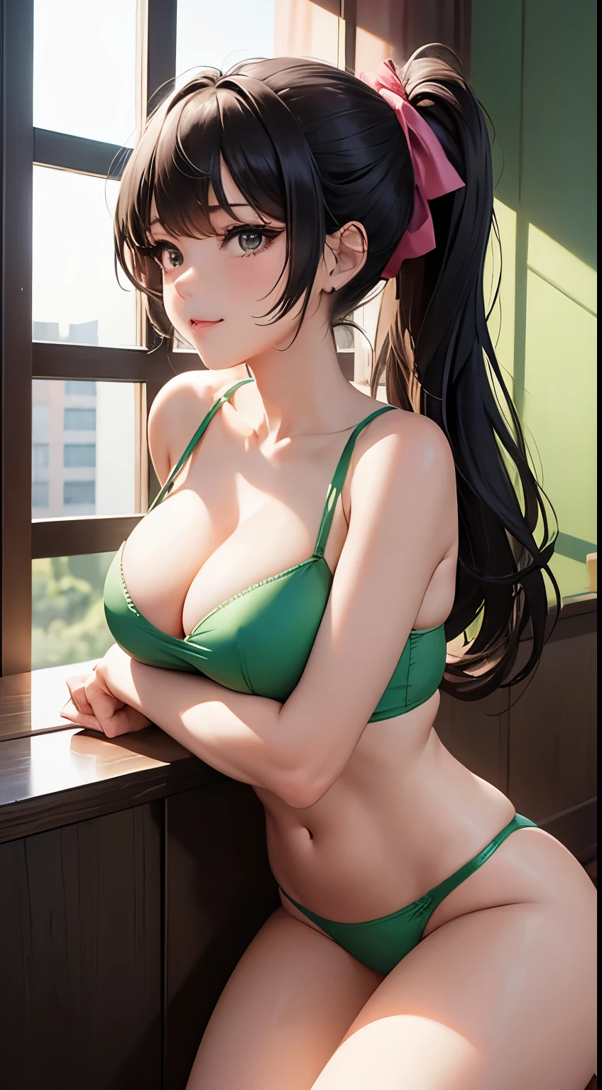 Masterpiece、Super high-definition photo quality、8k、Cinematic lighting、20yr old、a beauty girl、Mature、Big eyes、Red cheeks、Pink ponytail、Toned body、Medium-sized breasts、Lime green patent leather hard bra、normal size butt、Lime green patent leather hard panties、Raised pubis、soft labia majora、FULL BODYSHOT、Perfect limbs、Lusting、seductiv、A sexy、school classrooms、A slight smil