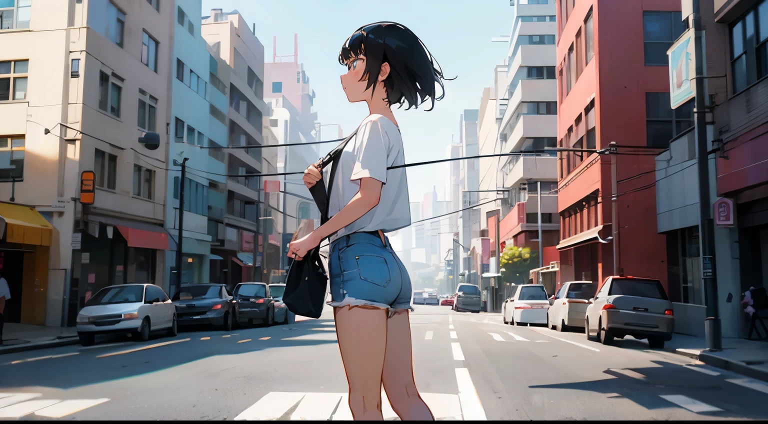 1 girl walking san francisco city street side profile short black hair, wearing plain white shirt, denim shorts, city, ultrasharp, 8k, masterpiece