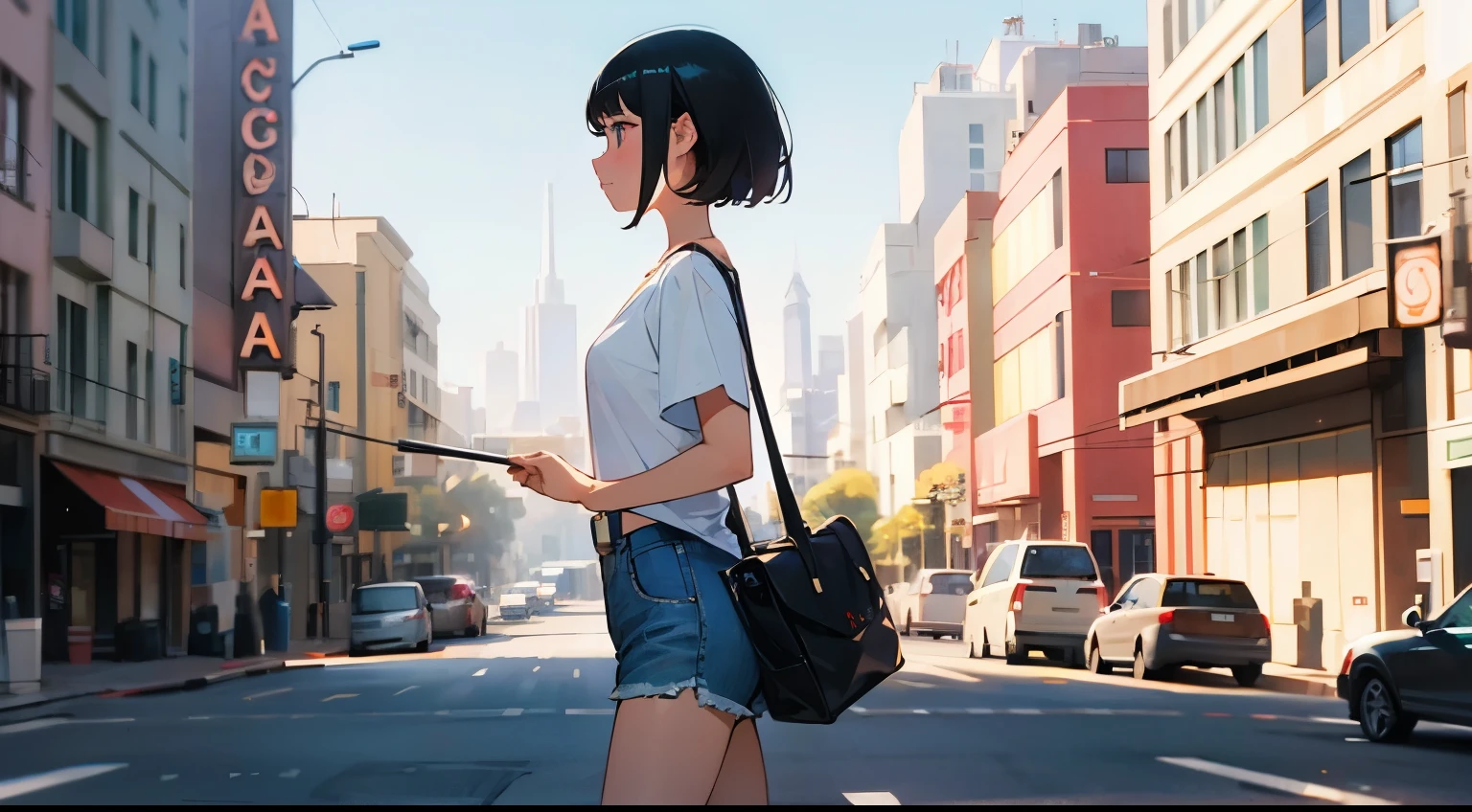 1 girl walking san francisco city street side profile short black hair, wearing plain white shirt, denim shorts, city, ultrasharp, 8k, masterpiece