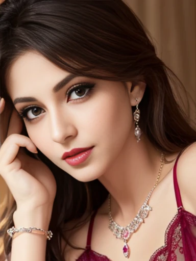 Lebanese lady, diamond dangling earrings, necklace, bracelets, small breasts, 40 years old, smokey eyes, cleavages, lace lingerie, soft pink nightgown, red lips, innocent face,