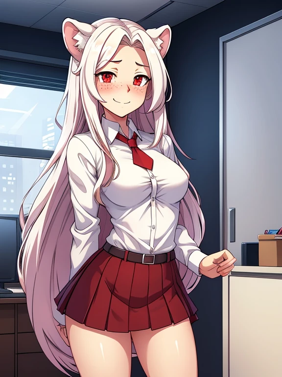 White girl standing in a work office , fit, white long flowing hair , smiling , blushing , small snow leopard ears , red eyes , surpired embarrassed scared expression, freckles,  ???? pose , wearing a short skirt with her ????? out