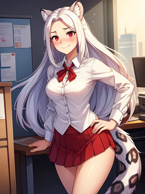 White girl standing in a work office , fit, white long flowing hair , smiling , blushing , small snow leopard ears , red eyes , surpired embarrassed scared expression, freckles,  sexy pose , wearing a short skirt with her pussy out