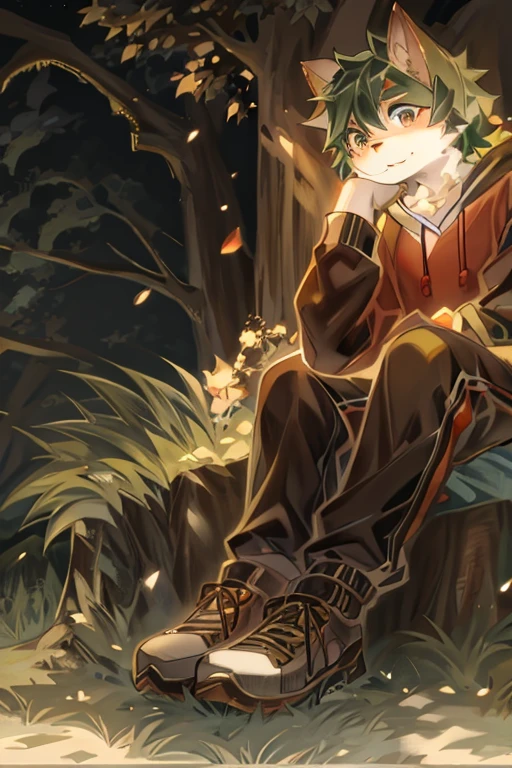 Japanese cartoon boy sitting on a tree stump in the woods, Japanese cartoon lush john 8k woods, high quality Japanese cartoon artstyle, Japanese cartoon artstyle, Popular topics on artstation pixiv, commission for high resolution, Watching the sun set. Japanese cartoon, Very very beautiful furry art, Detailed fanart, painted in Japanese cartoon painter studio, Ezrel (league of legend, in Japanese cartoon style