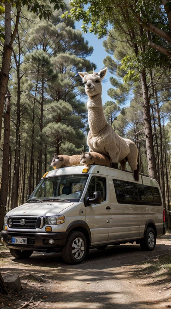 Minibus de msrca kinglong sobre pastizales y un bosque de bolivis con llamas y alpacas y rayos de sol