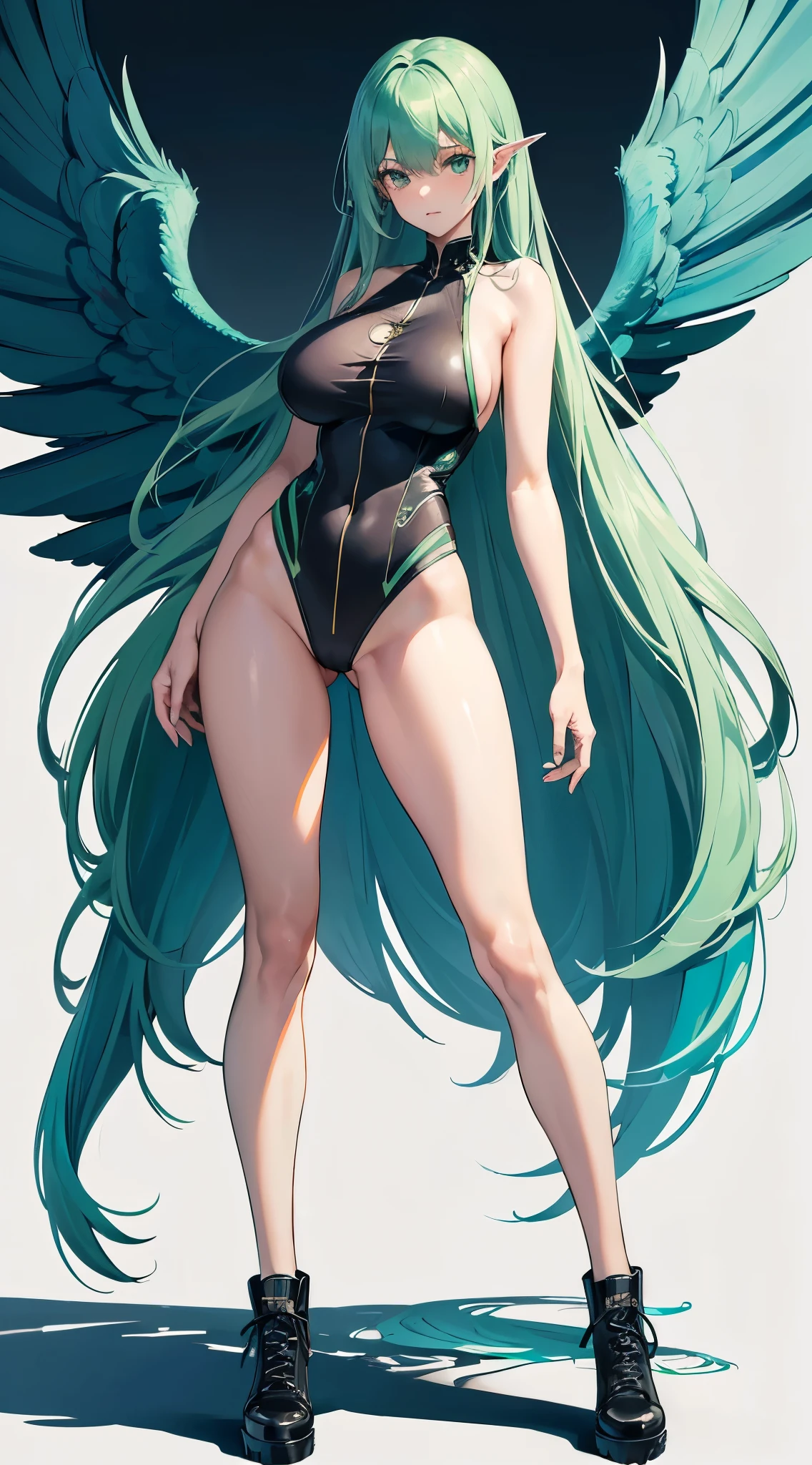 ((La mejor calidad)), ((Obra maestra)), (Detallado: 1.4), Harpy girl, blue wings, long green hair, slim body, huge breasts, long legs, long one-piece clothing, combat shoes, 8k, hd, masterpiece, full body:1.8, white background