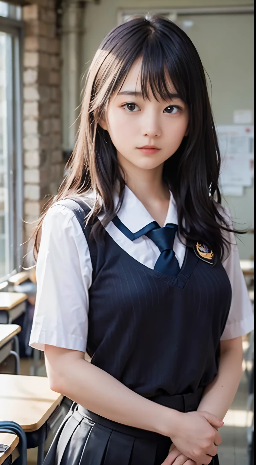 18-year-old young woman with long purple hair in sailor suit sits in classroom (School 1.5 in the background) (Serious expression, Cold 1.5) (Best Quality: 1.1) (masutepiece: 1.3) with an unparalleled masutepiece, Surreal 8K, Perfect Artwork, Super Detail, Best Quality, masutepiece 4K wallpaper aesthetics, masutepiece, Award-winning artwork, Official art, Cinematic lighting