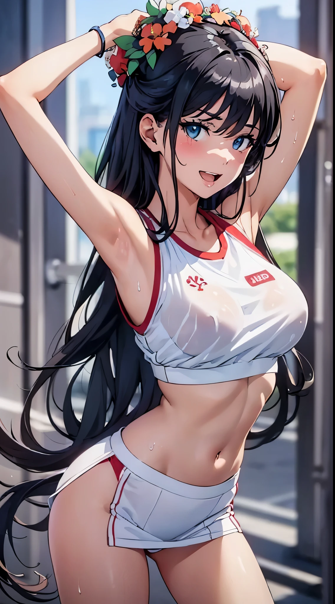 1womanl,Black hair,14years ,(()),Beautiful breasts,(((Sexy white and blue shiny gym clothes and micro skirt)))(())(((Blushing cheeks、Smile with open mouth)),(((Satin Narico))),((( portlate))),Crowds,Shiny white and blue gym clothes and microskirt,((wet with sweat))