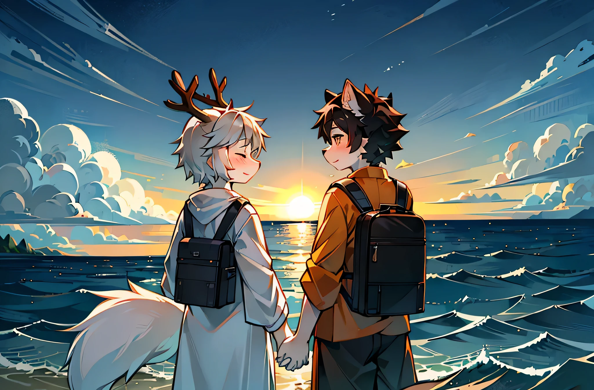 White deer in white robe，A black-haired wolf wearing an orange shirt，Cute Shota，two guys，sunraise，standing on the sea side，Clear sea，Raging sea，sandbeach，Clear blue sky，handshake，Gorgeous clothing brown backpack，With his eyes closed，Facing the sea，facing away from the audience，furry tail