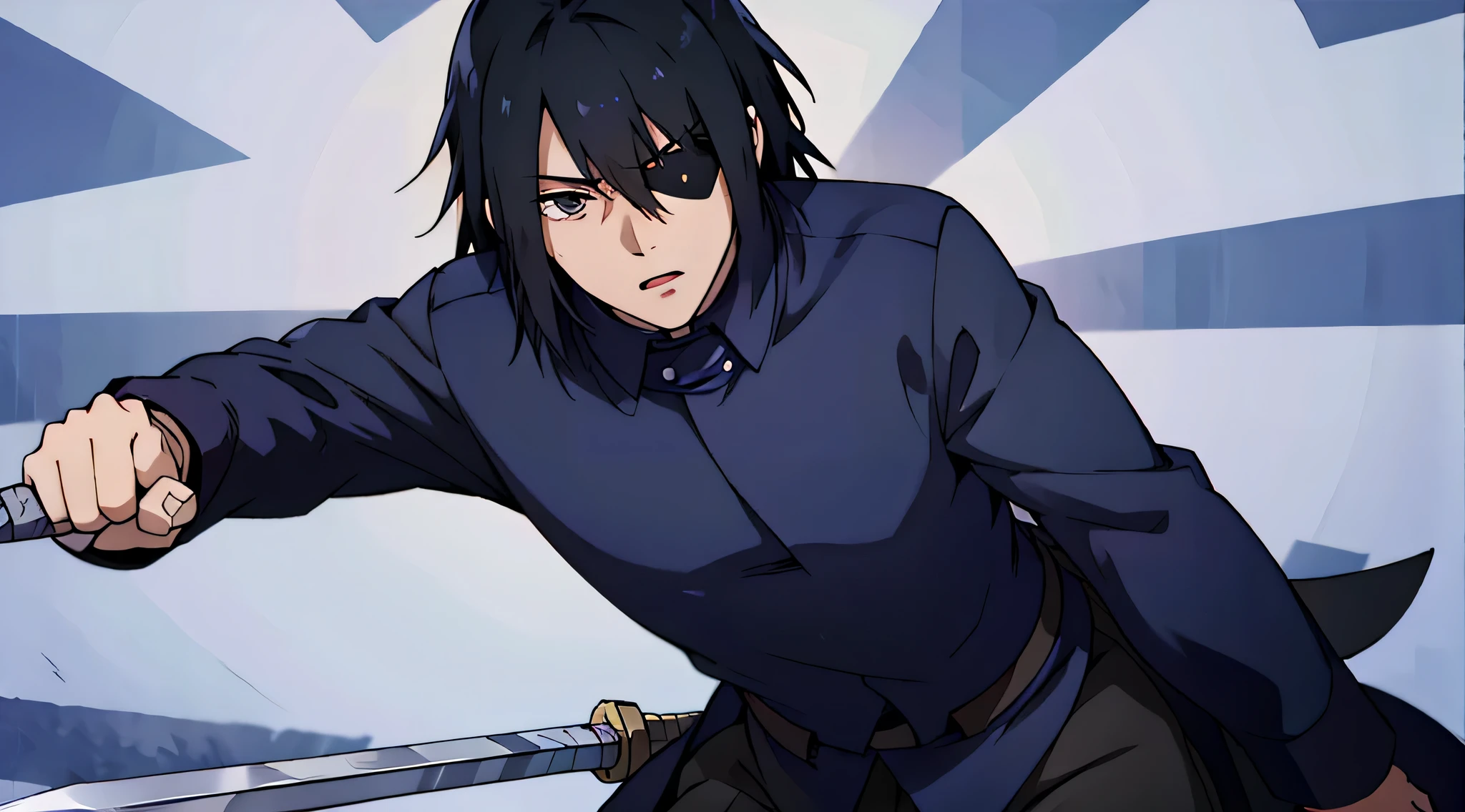 black haired character with an eye patch on his left eye, black clothes, wielding a sword