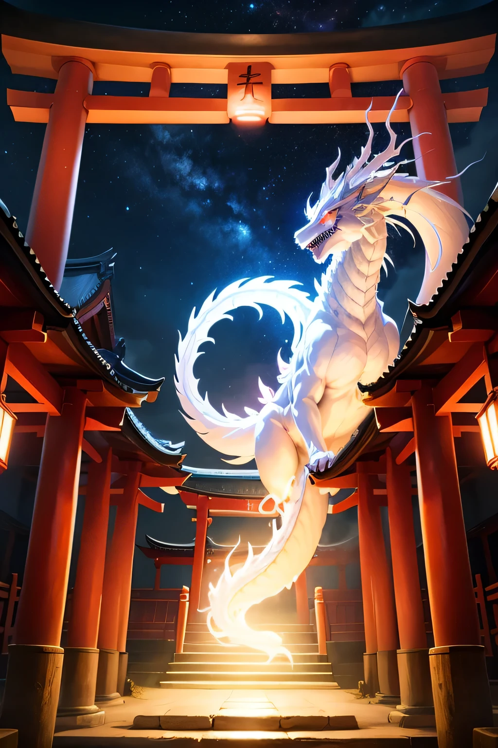 The background is the torii gate of a Japanese shrine..、white dragon god in the center、At night, a mysterious light lights up