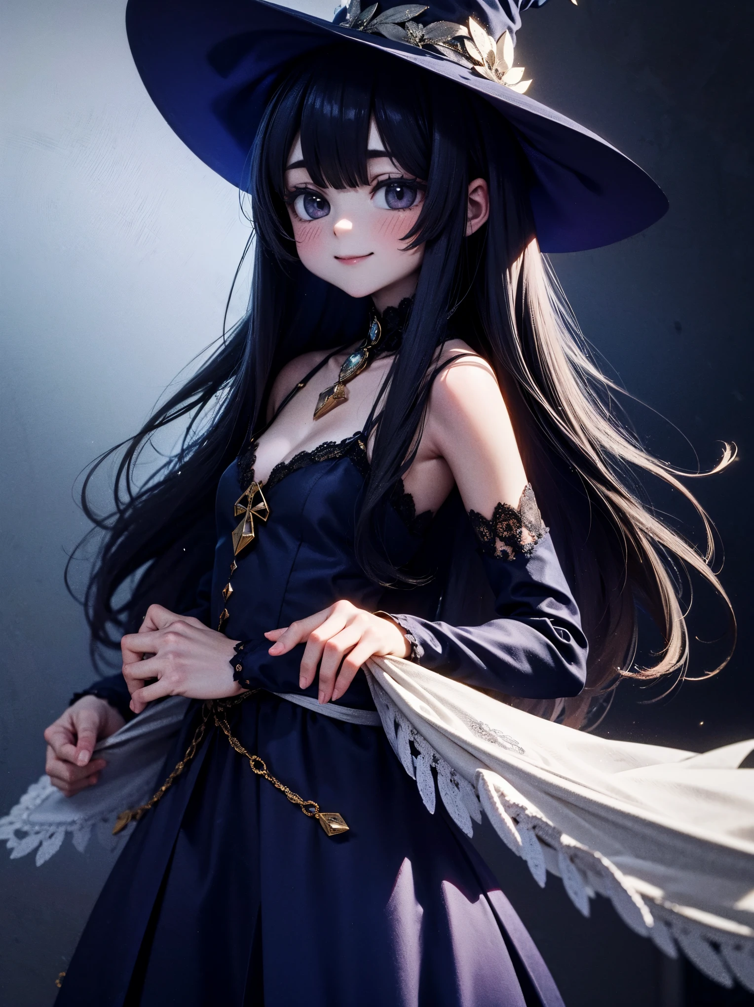 witch, 1 girl, long hair, gently smile