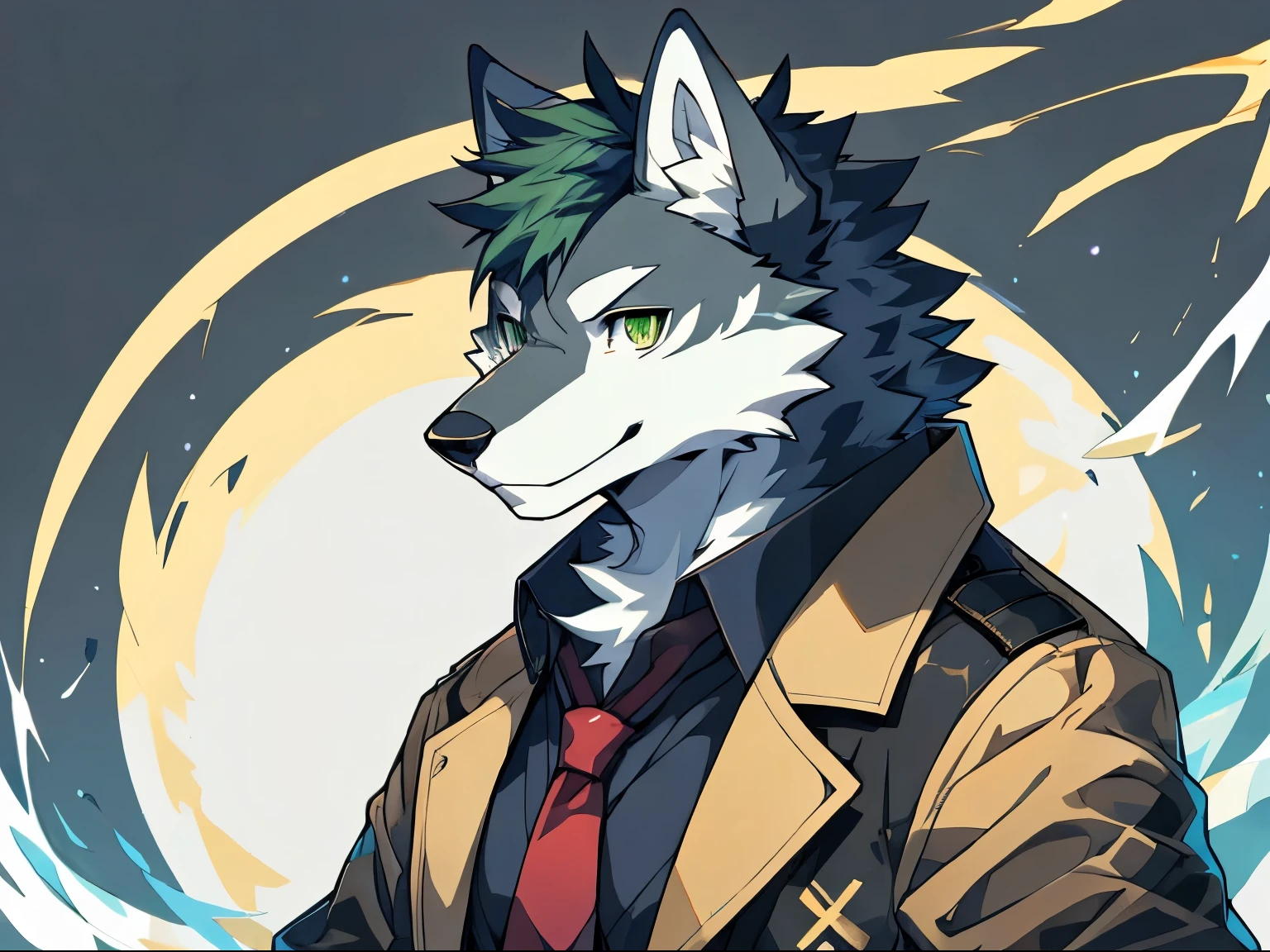anime character of a wolf dressed in a black shirt and yellow tie, fursona wearing stylish clothes, furry character, furry fursona, professional furry drawing, fursona!!!!, fursona art, an anthro wolf, furry anime, furry art!!!, anthro art, very very beautiful furry art, furry character portrait, anthropomorphic wolf male, ((full body)), green eyes