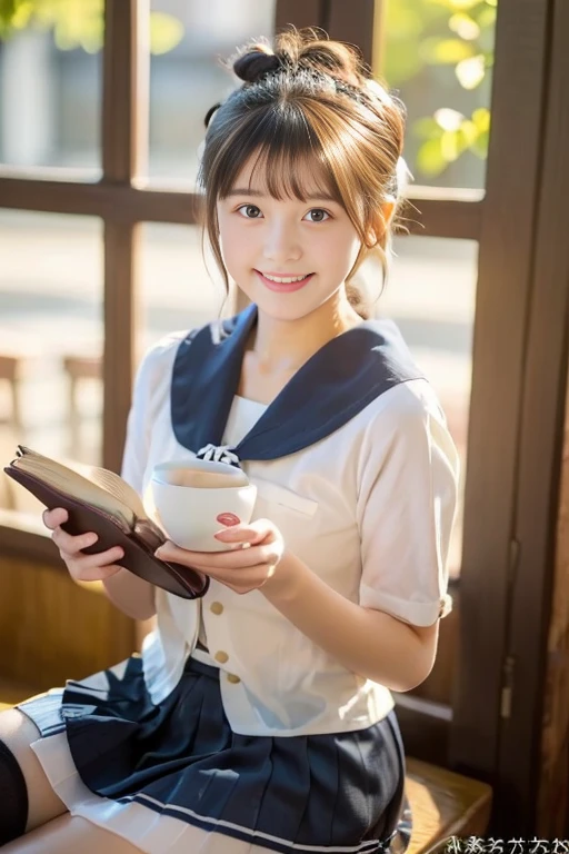 ((masterpiece))), (((Full body photo))), (One beautiful Japan girl, classmates, landscape and innocence,kawaii) ,超A high resolution, Realistic, ultra-detailliert, 8K,top-quality, Extremely detailed, A slender,very beautiful japanese girl, Detailed face:1.3), (Bery short hair,I tied her hair in a bun.A dark-haired :1.4), (a baby face,kawaii系,adorable 14 year old beautiful girl), (Perfect body:1.1),(Perfect fingers), (Neat sailor suit,Dark blue mini skirt、Dark blue high socks、, Cute and innocent look,Show your beautiful teeth,Wonderland, sexy pose,rosy cheeks, Sparkling eyes, kawaiiポーズ, ((Inside the coffee shop))、cute cake on the table、slow steamed coffee、soft afternoon light、Wrapped in the soft light shining through the window、Reading a book,gentle and delicate lighting, Pastel color palette, dreamy ambiance, Magical, Vivid colors, Bokeh,