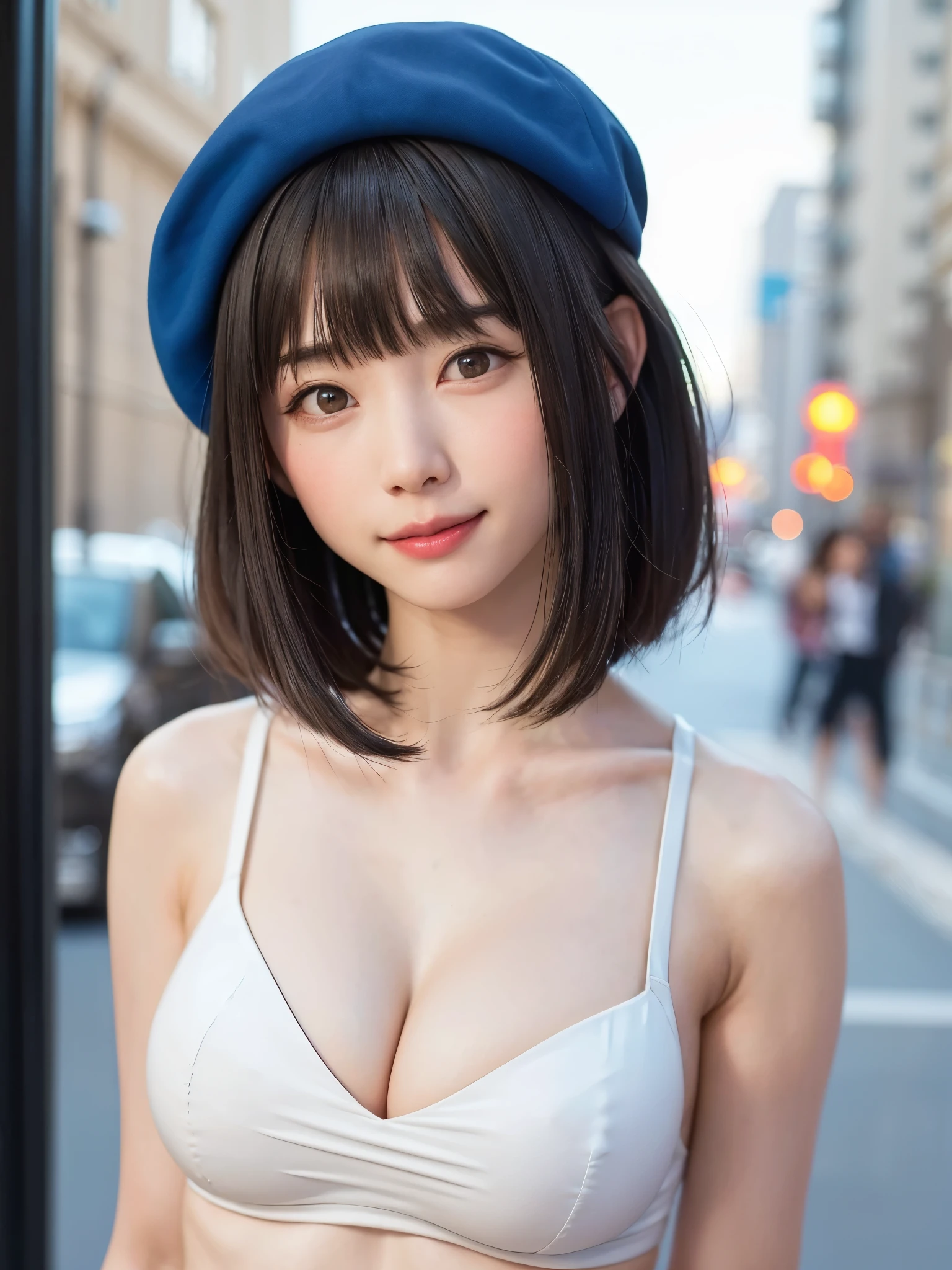 ​masterpiece, 1Beautifulwoman, A detailed eye, Slightly bigger eyes, top-quality, 超hight resolution, (现实: 1.4), OriginalPhotographs, Cinematographic lighting, japanes, Asian Beauty, very extremely beautiful, Beautiful skins, Thin, Front-facing body, (超realisitic), (hight resolution), (8 K), (ighly detailed), (美しくA detailed eye), (ultra-detailliert), A detailed face, looking at the viewers, Facing straight ahead, Neat Clothing、Brunette Short Bob Hair、Lustrous hair、46ポイント斜めbangss、自然のtree-lined streetエース フォーカス、Very eye focus、Head tilt、Very chest focus、underboob、mid-riff peak、hyper realisitic、Photorealistic、masutepiece:1.4, top-quality:1.4、Add intense highlights to the eyes:1.4、Shiny brunette short bob hair:1.4 ),1girl in, 独奏, short dark hair, scarf, Hats,, realisitic, looking at the viewers, brown eyes of light color、 coat, Winter clothes, White headscarf, s lips, lipgloss:1.4，bangss,a closed mouth, The upper part of the body、big eye、Lashes、((Street))、((bangssのあるショートヘア:1.4、big eye、Put very strong highlights in your students、{Gigantic|Big|Huge|Mega} breasts, cleavage、very Bigger breasts、gazing at viewer、Very beautiful beauty、Put your ears out、long neck、little smiling、Close your mouth and smile)))、A beautiful woman full of charm:1.4、(Autumn leaves are blue without people or cars々tree-lined street)