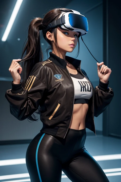 High Resolution, Female, Long Dark Brown Hair, Pony Tail, Bangs, Blue Eyes, Light Skin, Black Tang Top, Black Leggings, VR Headset, Varsity Jacket, E-Sport Gamer