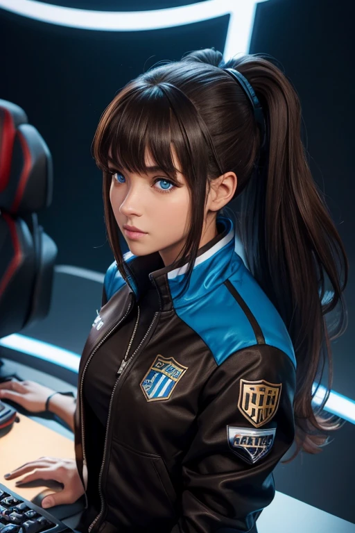 High Resolution, Female, Long Dark Brown Hair, Pony Tail, Bangs, Blue Eyes, Light Skin, Black Tang Top, Black Leggings, VR Headset, Varsity Jacket, E-Sport Gamer