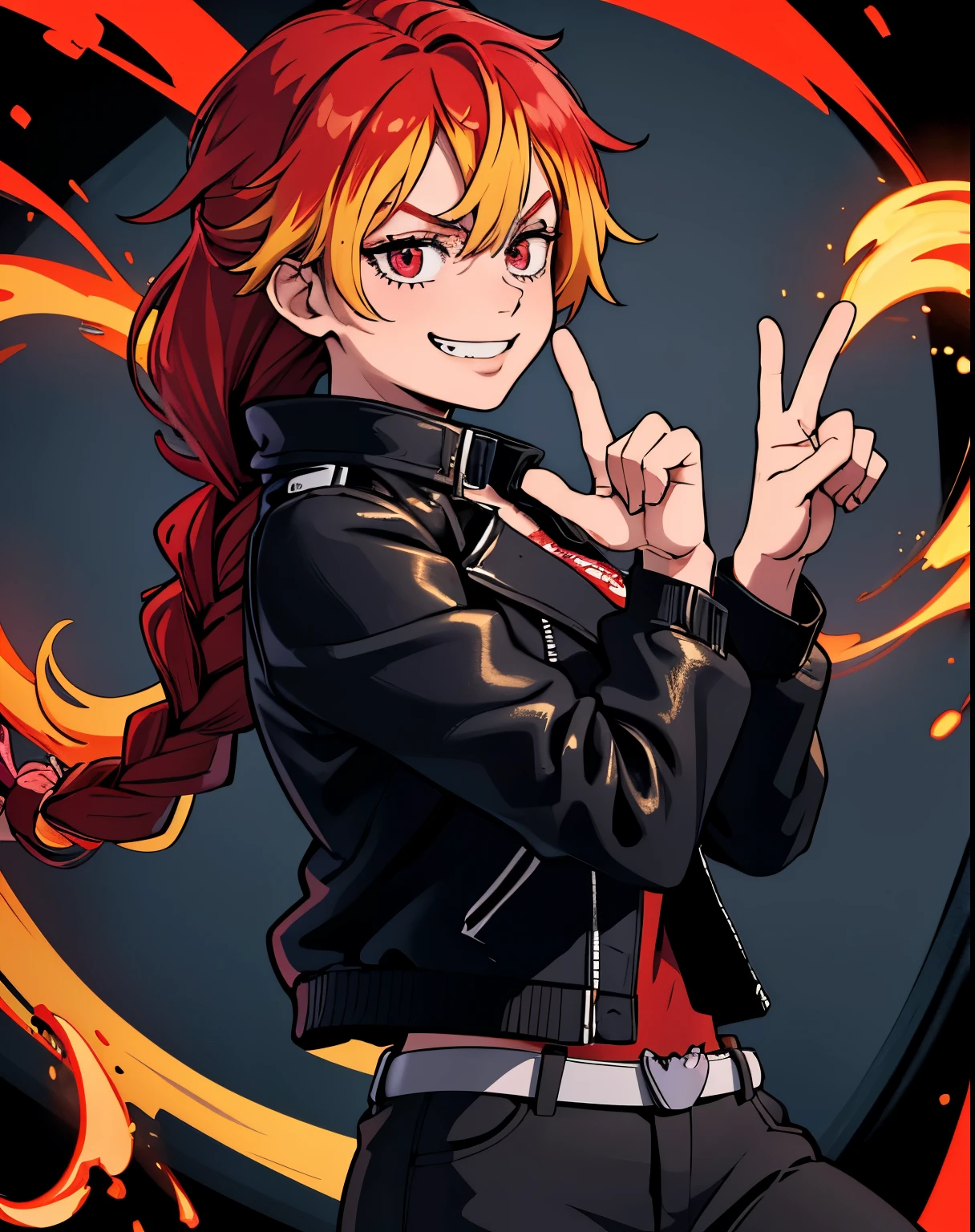 (best quallity, ultrahigh resolution, splendid), 1 adult woman, red hair tied in 1 braid, side bangs, black pants, simple shirt, beautiful and detailed, glowin golden eyes, black biker jacket, evil grin expresion, fire background.