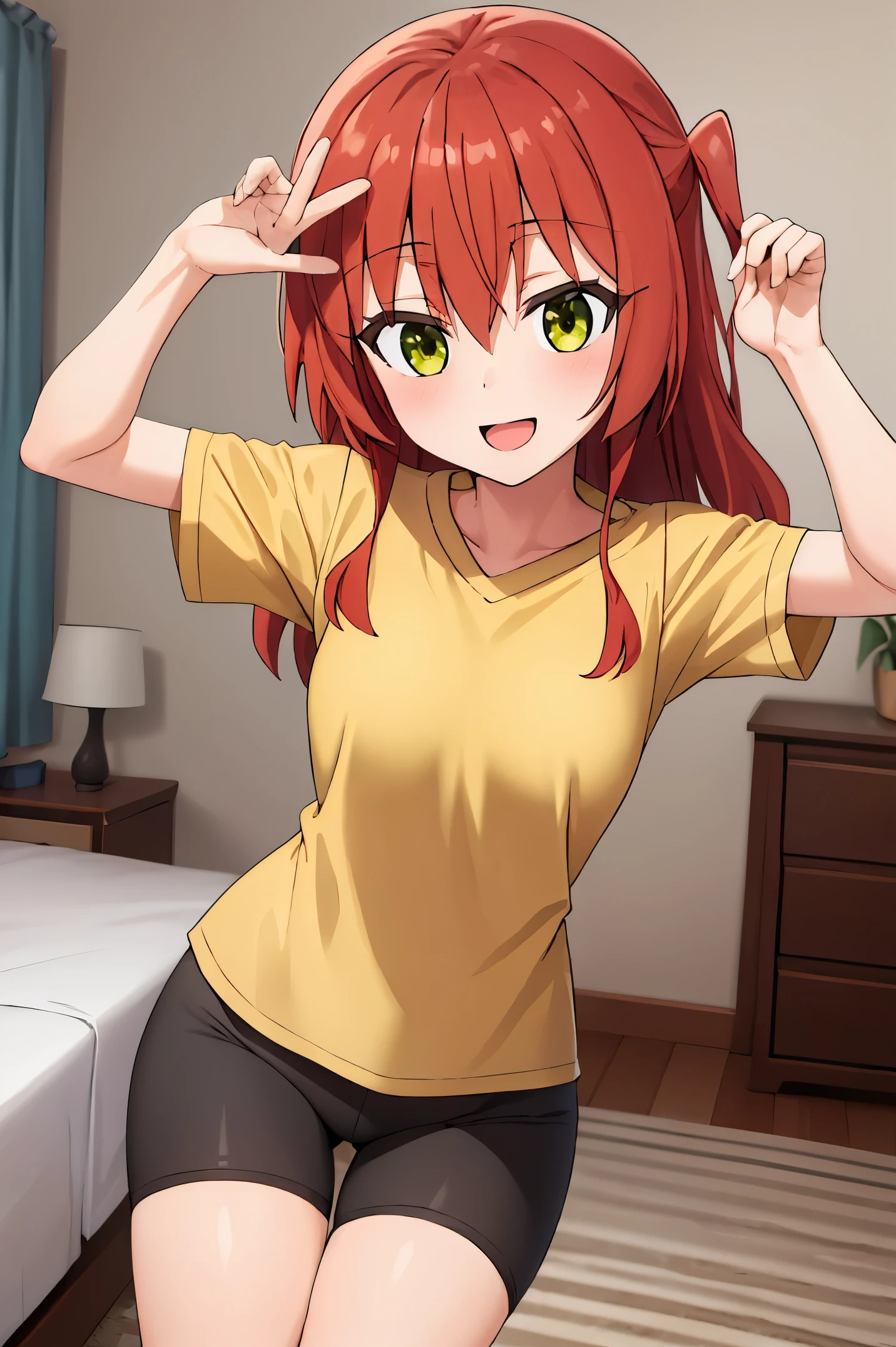 1 girl, best quality, ultra high res, long hair, red hair, green eyes, looking at viewers, small breast, standing, pov, slim body, loli body, small body, smile, open mouth, yellow shirt, short sleeves, bike shorts, bedroom, white bed sheets,