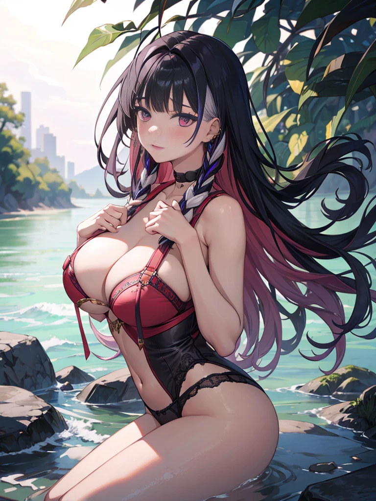 (Enrich the picture,Masterpiece quality)Beautiful 8K CG artwork,Goddess-like pose,sittinng on the river,Postural exercises,Thin and soft,Translucent skin,Black Purple Hair、The beauty of super long hair, Super Long Straight Hair,The skin is fair and juicy,Underwear uniforms,Perspective Part 1.2x enhanced contour effect,Exquisite transparent blue case in pajamas,Intricate and exquisite details,The background is a bit blurry,Charming and sexy legs,drools,J cup big breast blush,Japan goddess,Perfect body slim curves,Scene by the sea,
