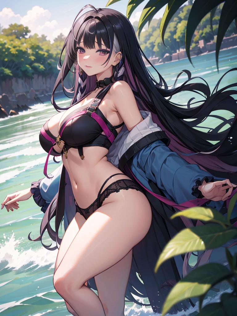 (Enrich the picture,Masterpiece quality)Beautiful 8K CG artwork,Goddess-like pose,sittinng on the river,Postural exercises,Thin and soft,Translucent skin,Black Purple Hair、The beauty of super long hair, Super Long Straight Hair,The skin is fair and juicy,Underwear uniforms,Perspective Part 1.2x enhanced contour effect,Exquisite transparent blue case in pajamas,Intricate and exquisite details,The background is a bit blurry,Charming and sexy legs,drools,J cup big breast blush,Japan goddess,Perfect body slim curves,Scene by the sea,