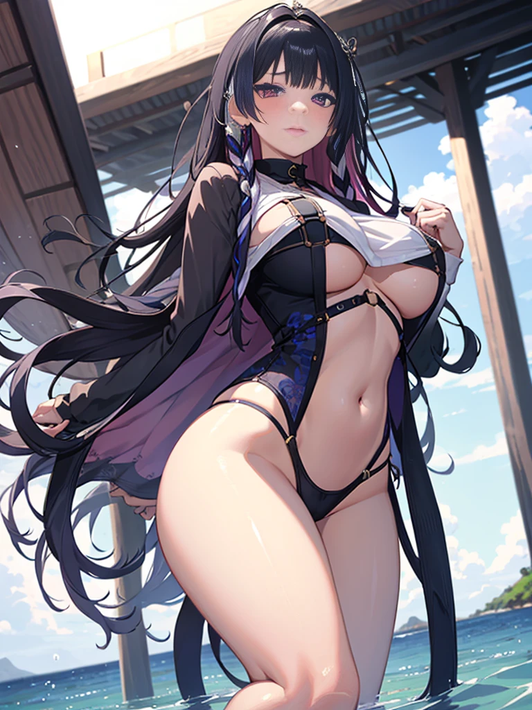 (Enrich the picture,Masterpiece quality)Beautiful 8K CG artwork,Goddess-like pose,sittinng on the river,Postural exercises,Thin and soft,Translucent skin,Black Purple Hair、The beauty of super long hair, Super Long Straight Hair,The skin is fair and juicy,Underwear uniforms,Perspective Part 1.2x enhanced contour effect,Exquisite transparent blue case in pajamas,Intricate and exquisite details,The background is a bit blurry,Charming and sexy legs,drools,J cup big breast blush,Japan goddess,Perfect body slim curves,Scene by the sea,