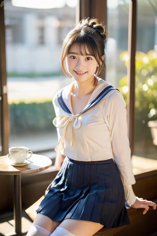 ((​masterpiece))), (((Full body photo)))， (One beautiful Japan girl, classmates, landscape and innocence，kawaii) ，超A high resolution, Realistic, ultra-detailliert, 8K,top-quality, Extremely detailed, A slender,very beautiful japanese girl, Detailed face:1.3), (Bery short hair，I tied her hair in a bun.A dark-haired :1.4), (a ，kawaii系,adorable 14 year ol girl), (Perfect body:1.1),(Perfect fingers)， (Neat sailor suit，Dark blue mini skirt、Dark blue high socks、, Cute and innocent look，Show your beautiful teeth,Wonderland, sexy  pose，rosy cheeks, Sparkling eyes, kawaiiポーズ, ((Inside the coffee shop))、cute cake on the table、slow steamed coffee、soft afternoon light、Wrapped in the soft light shining through the window、gentle and delicate lighting, Pastel color palette, dreamy ambiance, Magical, Vivid colors, Bokeh，