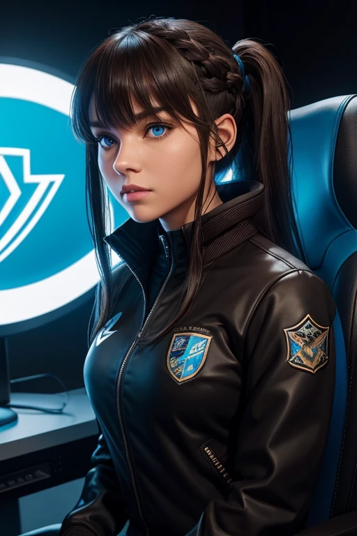 High Resolution, Female, Long Dark Brown Hair, Low Pony Tail Braided, Bangs, Blue Eyes, Light Skin, Black Tang Top, Black Leggings, VR Headset, Varsity Jacket, E-Sport Gamer, Arrowhead Sigil, Gaming Chair