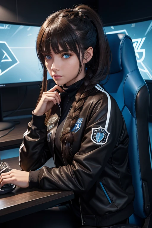 High Resolution, Female, Long Dark Brown Hair, Low Pony Tail Braided, Bangs, Blue Eyes, Light Skin, Black Tang Top, Black Leggings, VR Headset, Varsity Jacket, E-Sport Gamer, Arrowhead Sigil, Gaming Chair