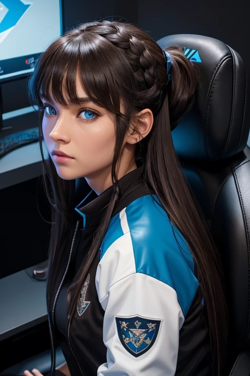 High Resolution, Female, Long Dark Brown Hair, Low Pony Tail Braided, Bangs, Blue Eyes, Light Skin, Black Tang Top, Black Leggings, VR Headset, Varsity Jacket, E-Sport Gamer, Arrowhead Sigil, Gaming Chair