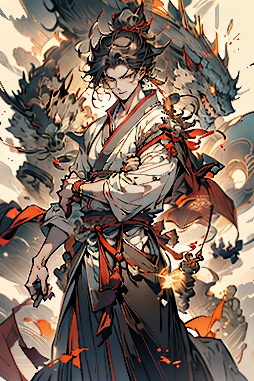 (Best quality at best,4K,8K,A high resolution,tmasterpiece:1.2),A man,ultra - detailed,(actual,photoactual,photo-actual:1.3 likes, , monk clothes, only, disheveled black hair,curlies, 黑The eye, cloaks, Shaolin,prayer beads,swordsman,Vajra Lux, musculature组织,strong, Short hair details, Background with, Alone,,Ferocious , ((tmasterpiece)),Demon God,asura from chinese myth,高大的musculature组织男, broad shoulder,Monk's robes,swordsman,Vajra Lux,musculature组织组织,that attracts attention, Tailored,Increase focus on the role, In solo works that emphasize character'personality and importance,musculature