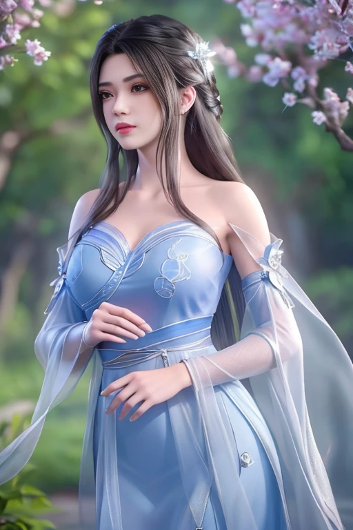 (8K, RAW photogr, Best quality at best, tmasterpiece:1.2),(actual, photo-actual:1.4), ultra - detailed, extremely detailed cg 8K wallpaper,(crystal texture skin:1.2), (Extremely Delicately Beautiful),
1 girl,Alone, actual,brunette color hair,long whitr hair,of shoulders,a blue dress,,Chopping, looking at viewert, Outdoor activities,