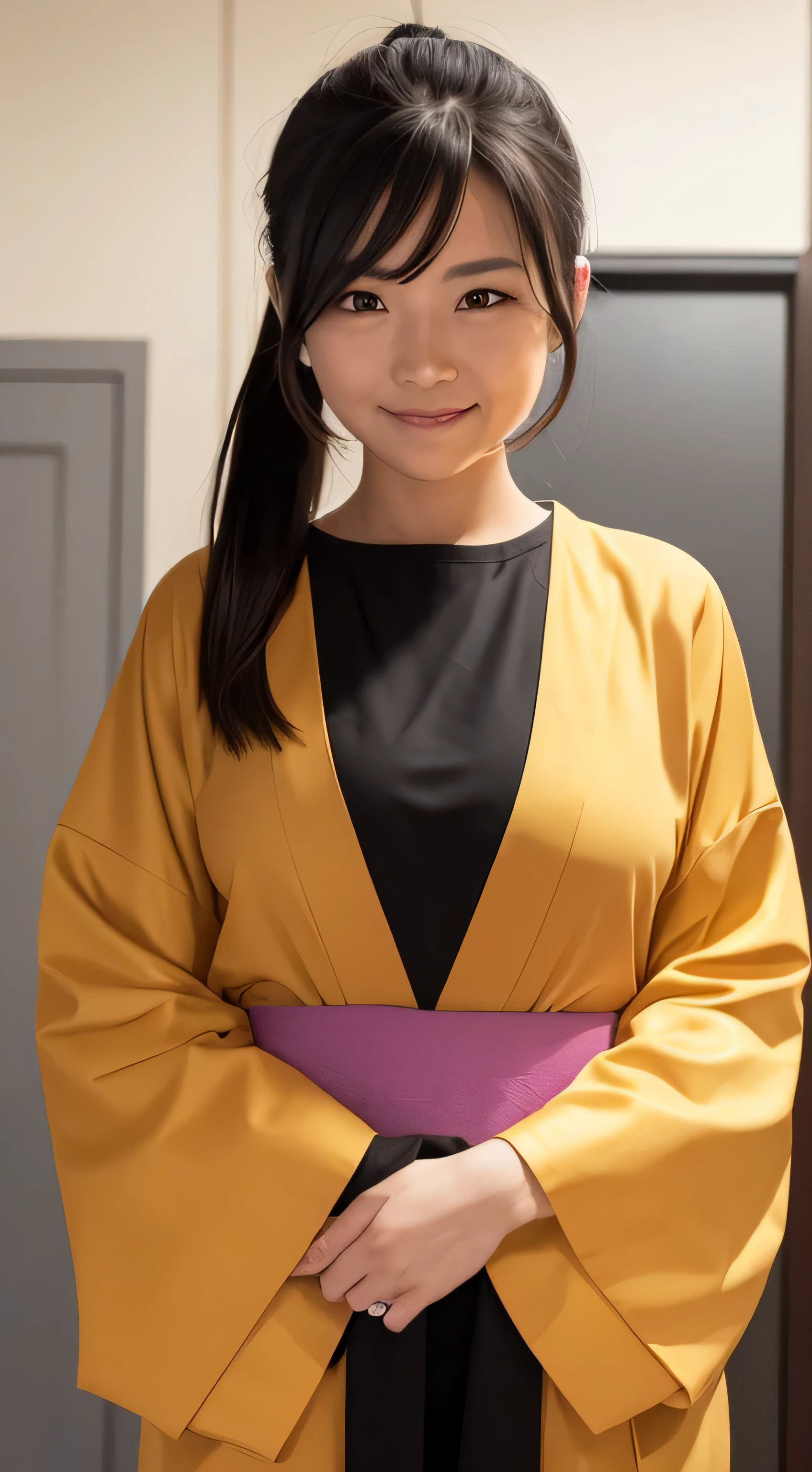 a beautiful woman standing with 20 years in Golden kimono, Body and head straight in the photo, Ponytail hair, Black hair, Cute,Smile, shrines, shining background, Golden kimono,Half body,,Facing the viewer of the photo, Eyes fixed on the lens, You will see the shoulders and head in the photo, woman in the center of the photo, 8K, Best Quality, masutepiece,