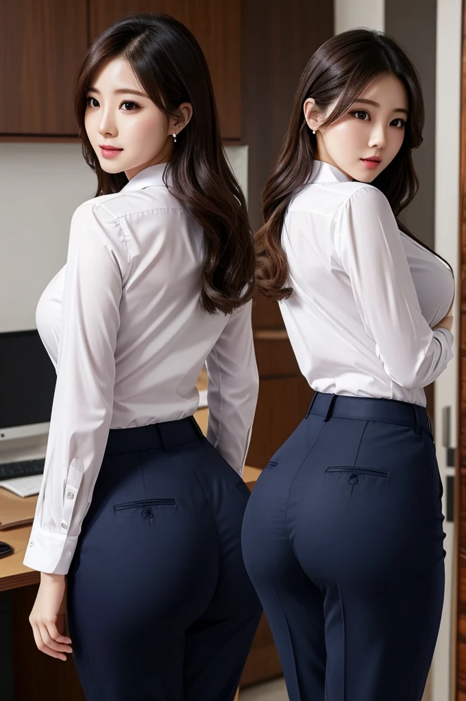 Super Beautiful Office Lady、(Plump ass)、Y shirt、suitpants、posterior view、(((ultra best quality, masterpiece))), (((ighly detailed)))