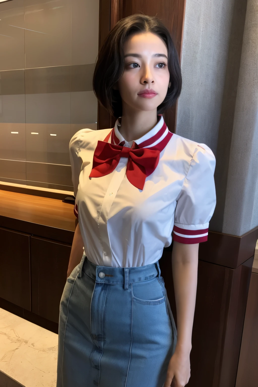 masterpiece、(Photorealsitic:1.4)、1girl、Light smile、shirt with collar、Transparent、from waist up、Dramatic lighting、frombelow