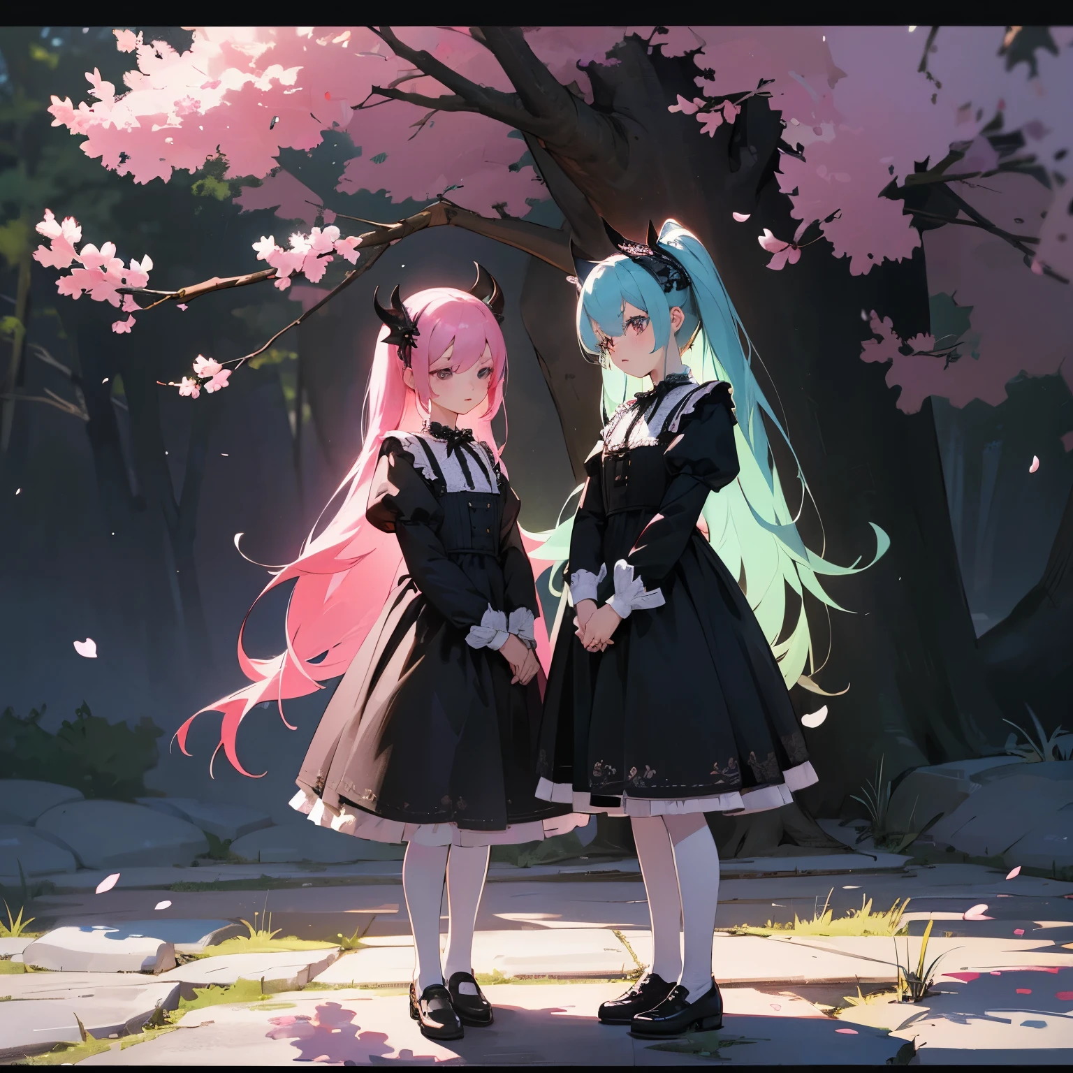 main body: A cute pair of twin girls, both with a kawaii anime style. One twin has a lime green main color, while the other has a light blue main color. Both of them have a cold stare. They are the main characters, with an evil and demonic aura and energy surrounding them.
Material: Vivid anime illustrations, with a touch of darkness and mystery.
Additional details: The twin girls have matching hairstyles, long and flowing with cute hair accessories. They are dressed in gothic ta-style outfits, with lace and ruffles. They have pale skin with a porcelain-like appearance. There are cherry blossom trees in the background, adding a touch of beauty to the dark atmosphere. The twins are standing on a stone pathway in the garden, surrounded by eerie shadows.
image quality: (best quality, highres, masterpiece:1.2), ultra-detailed, (realistic:1.37). The image should have sharp focus and vibrant colors, with fine details.
art-style: Anime, gothic, dark fantasy.
Color tones: The overall color palette should have a mix of cool tones, with lime green and light blue as the main colors. The background can have hints of pink from the cherry blossoms.
lamplight: The lighting should be low-key, with dramatic shadows casting across the scene. The twins should have a subtle glow, emphasizing their evil and demonic nature.