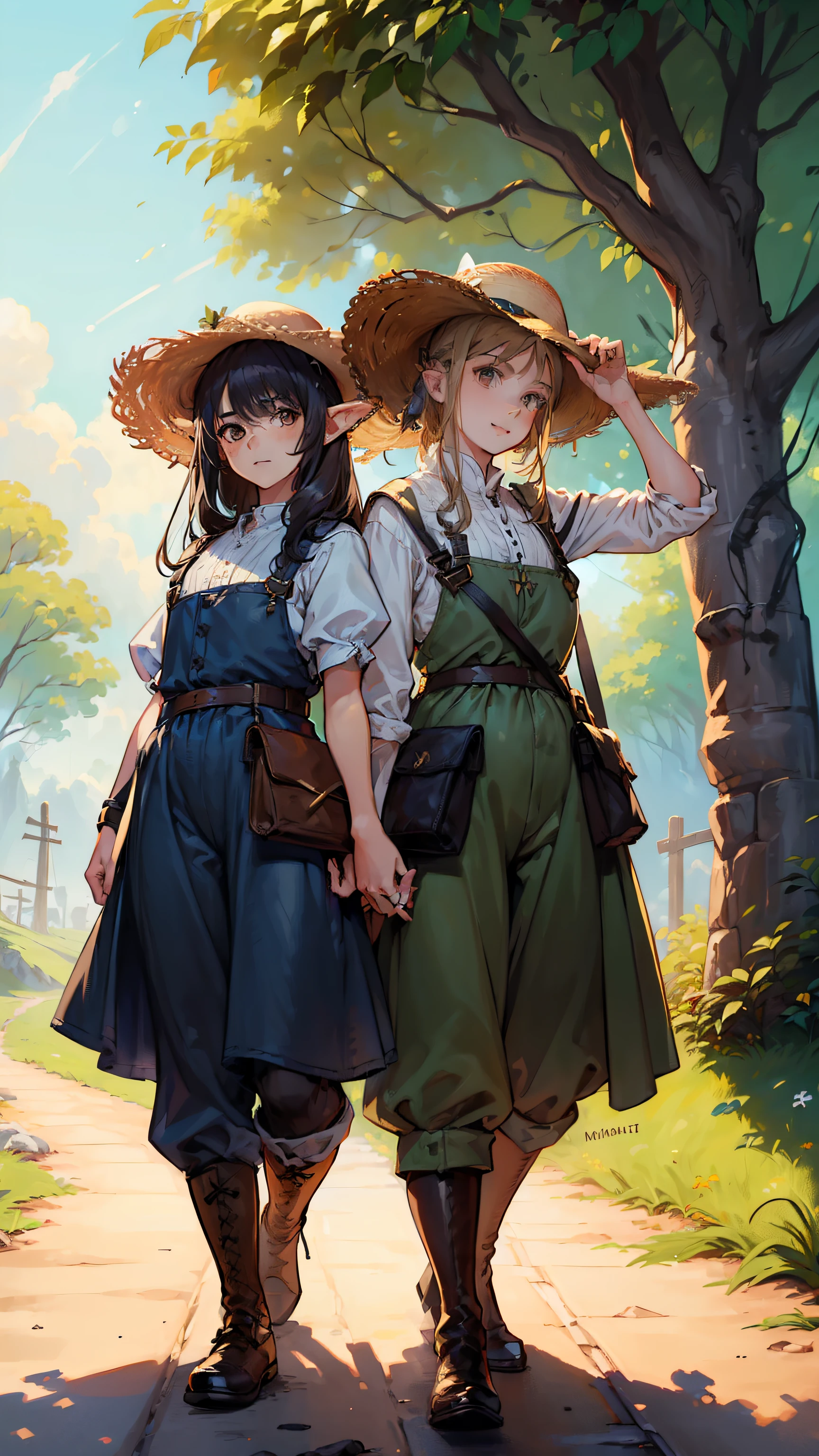 (((((2girls))))), (((twins))), masutepiece, ultra-detailliert, 8K Portrait, Raw photo, portrait photo of a female, Full body, Highly detailed face, ((Fantasy)), (((The Hobbitt))), ((年轻)), Smile, 15yo student, 110 cm, ((White skin)), light brown and dark brown short wavy hair, (((Overall))), Overalls, High Cut Leather Boots, (((a straw fedora hat))), (((little waist hip pouch))), (((holding weapons))), Dynamic Pose, Midday Sun, Hyper realistic, Slender body, on the medieval road, Ambient lighting, Shadow details, Camera focus on face, strong breeze, Light fog