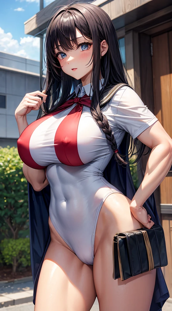 Muscular busty young school girl lolige strong biceps, tonned strong abs, huge round boobs, enormous firm tits, hyper muscular, bodybuilder muscles, bursting in strength, large hips, japanese school tie uniform clothes