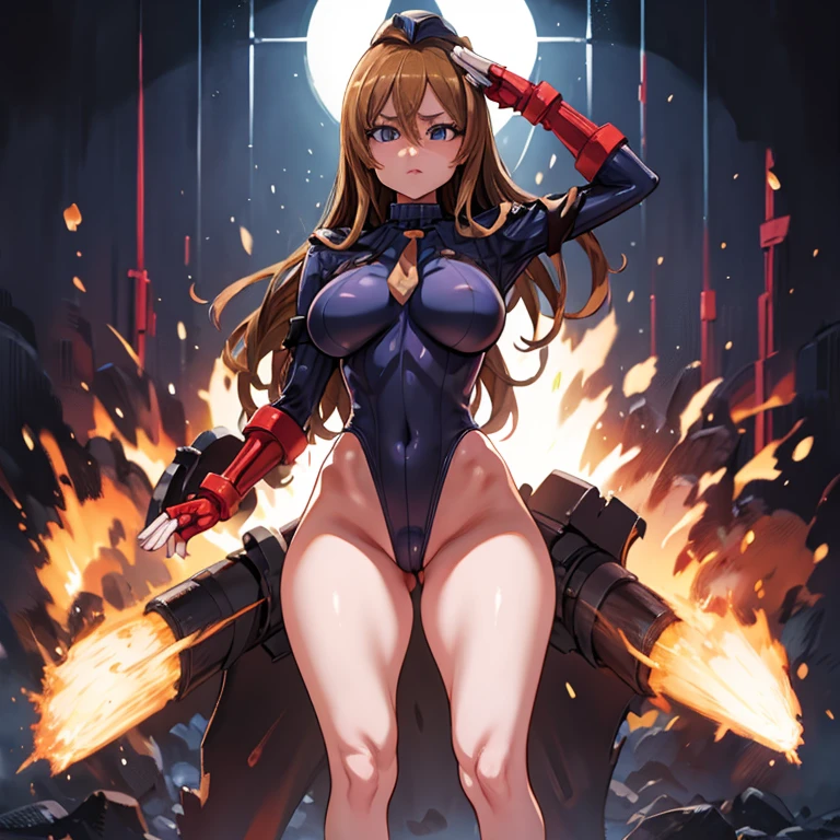 ultra-detailed, Explicit, Beautiful body, Beautiful Nose, Beautiful character design, perfect eyes, perfect face, ultra highres, 4K, beautiful legs, perfect legs, Nice hands, Perfect hand, Masterpiece, Best Quality, Highly detailed, illustration, absurdres, street fighter, doll suit, shadaloo doll, dollsuit, expressionless, blank eyes, looking at viewer, red gloves, emotionless, black latex, corrution, mind control, female combatant, full body, hypnotized, unhappy trance, full body suit, ribbed bodysuit, both arms at side, obey, perfect female body, extremely glossy latex, hypnosis, hypnoLora, empty eyes, Mind control device, poses, submissive_pose, Slave, hat, necktie, stand up straight, standing, standing at attention, hat, necktie, belt, latex, ribbed bodysuit, thighhighs, garter belt, Fighting Stance, extending the right arm from the shoulder into the air with a straightened hand, nazi saluting, military, military saluting, salute, thigh boots, 1girl, konosuba, brown eyes, wiz, brown hair, long hair, asanagi style, large breast, ahoge