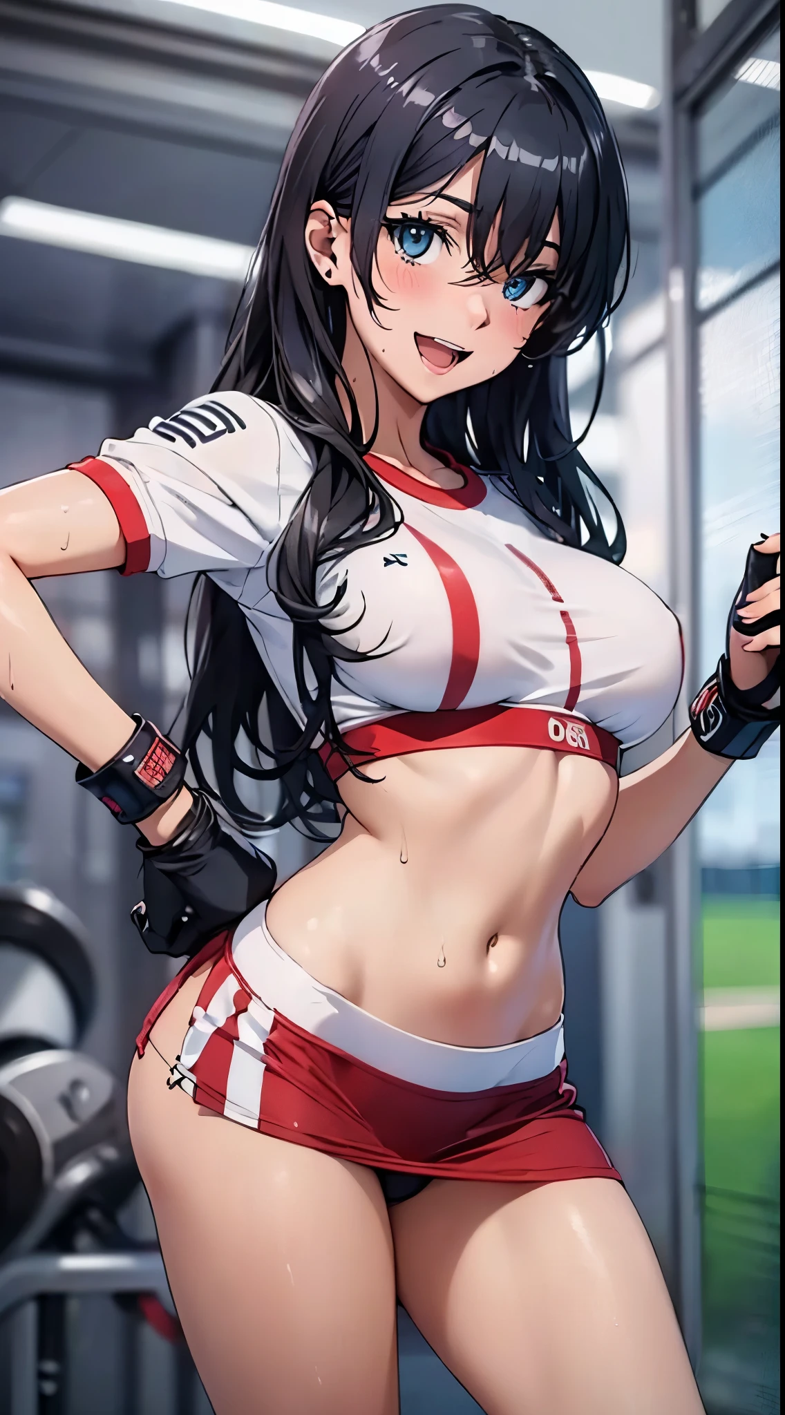 1womanl,Black hair,14years ,(()),Beautiful breasts,(((Sexy white and blue shiny gym clothes and micro skirt)))(())(((Blushing cheeks、Smile with open mouth)),(((Satin Narico))),((( portlate))),Crowds,Shiny white and blue gym clothes and microskirt,((wet with sweat))