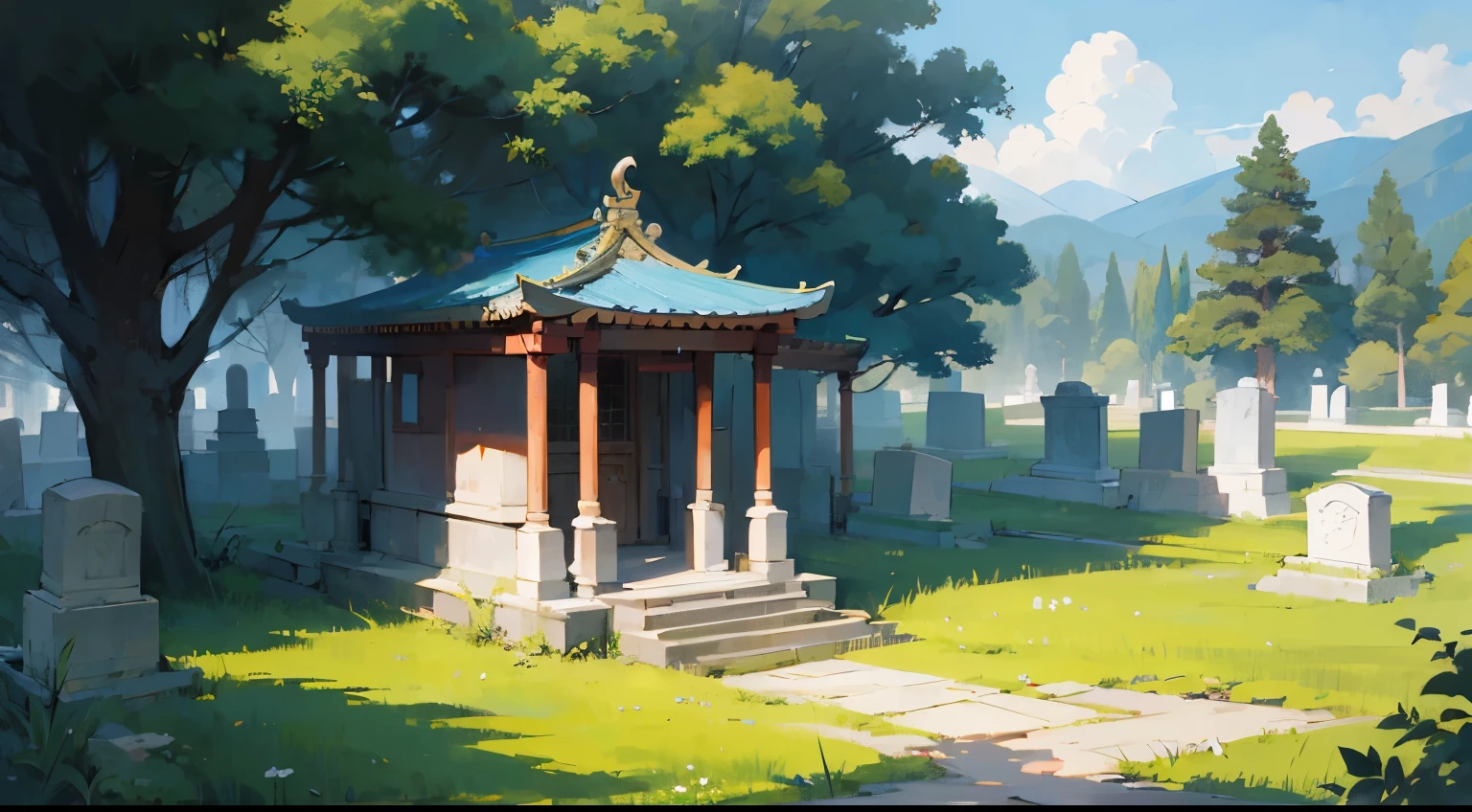 landscape illustration Anime painting Luxury temple in the forest Grave